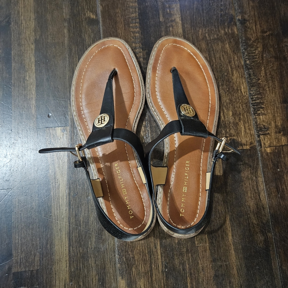 Tommy Hilfiger Black and Brown Sandals with Ankle Straps